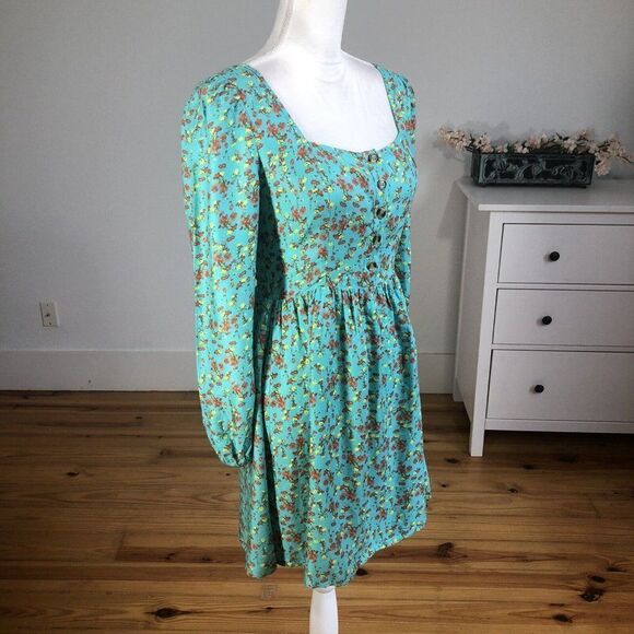 Chelsea & Violet Small Long Sleeve Aqua Cottage Core Dress Prairie Floral Mini - Picture 3 of 12